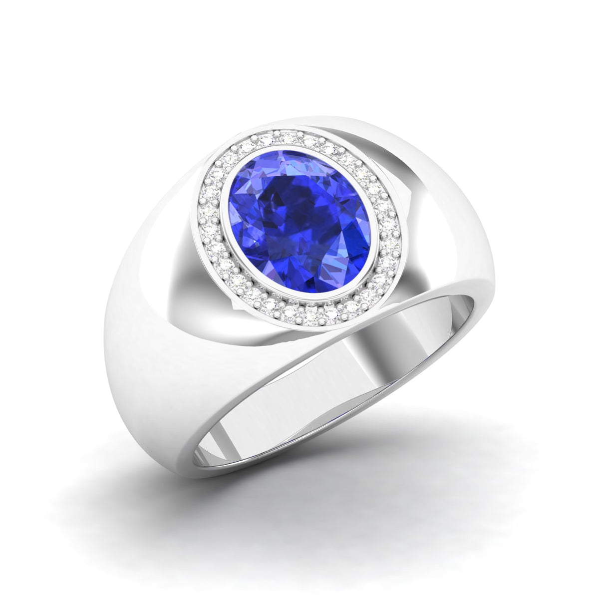 Maurya Solitaire Oval Tanzanite Signet Engagement Bold Ring with Diamond Halo