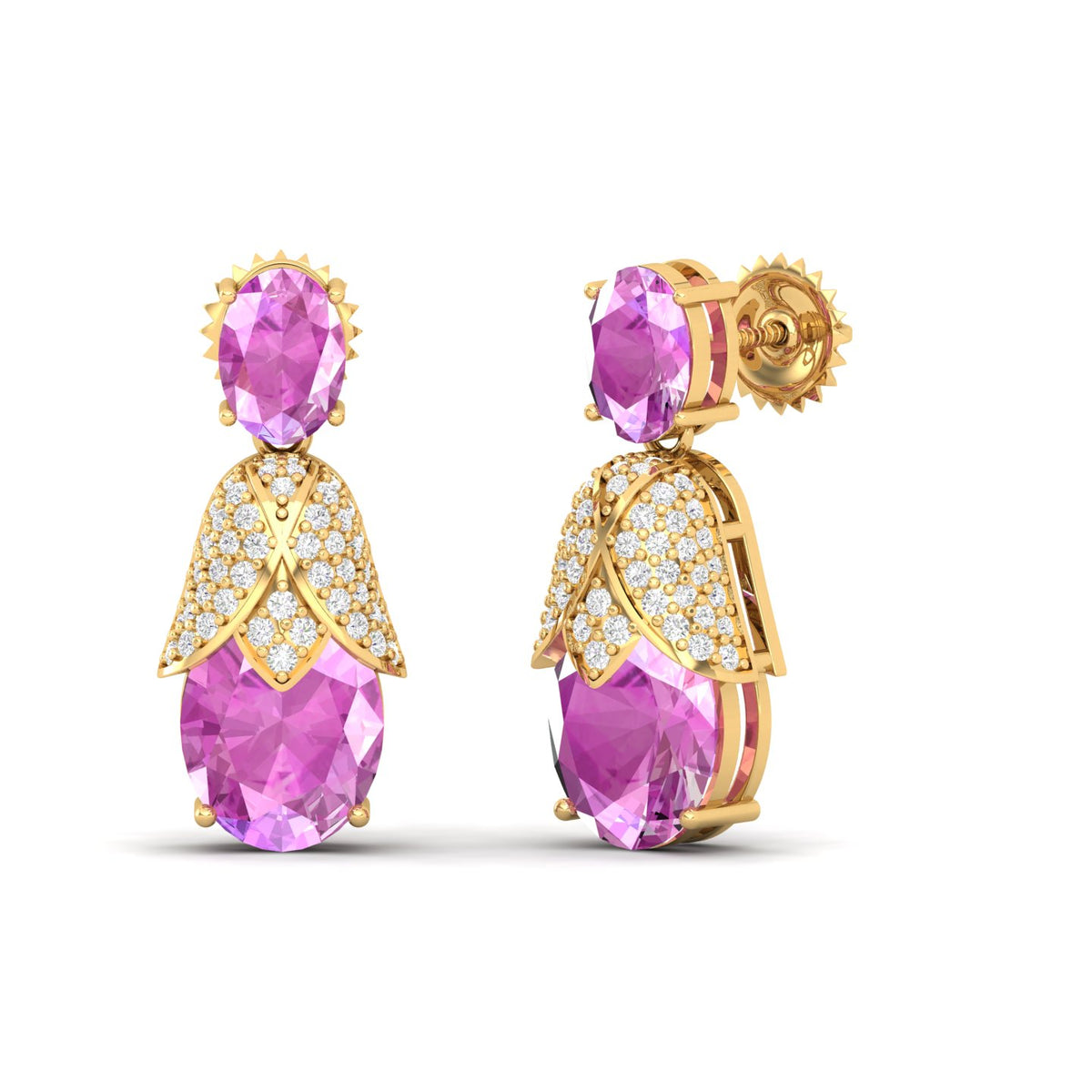 Maurya Bourgeon Pink Amethyst Dangle Earrings with Pave-Set Diamonds