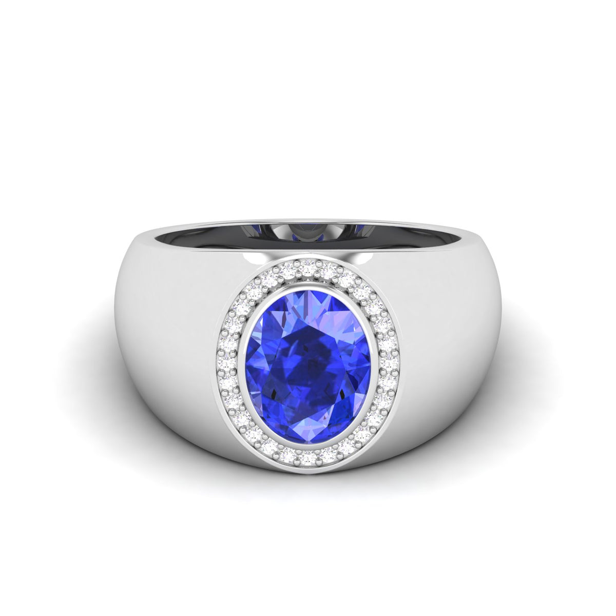 Maurya Solitaire Oval Tanzanite Signet Engagement Bold Ring with Diamond Halo