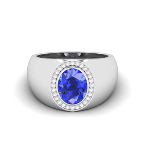 Maurya Solitaire Oval Tanzanite Signet Engagement Bold Ring with Diamond Halo