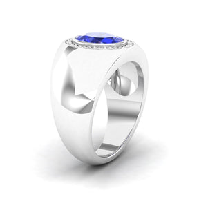 Maurya Solitaire Oval Tanzanite Signet Engagement Bold Ring with Diamond Halo