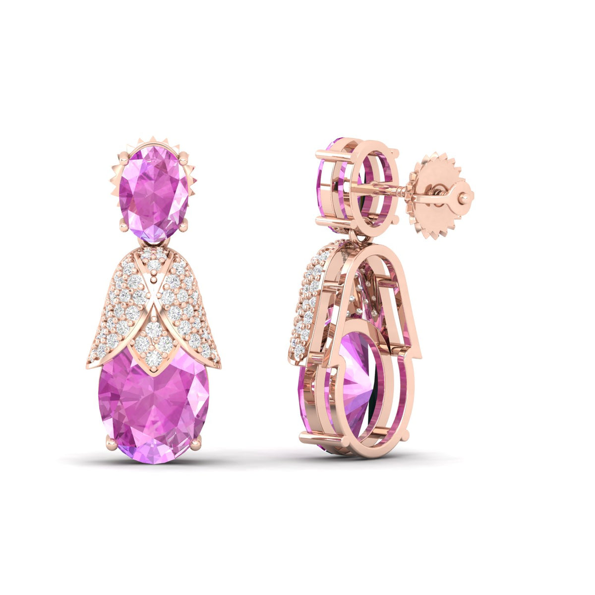 Maurya Bourgeon Pink Amethyst Dangle Earrings with Pave-Set Diamonds