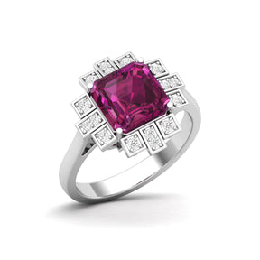 Maurya Asscher Cut Garnet Solitaire Firecracker Engagement Ring with Diamonds