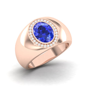 Maurya Solitaire Oval Tanzanite Signet Engagement Bold Ring with Diamond Halo