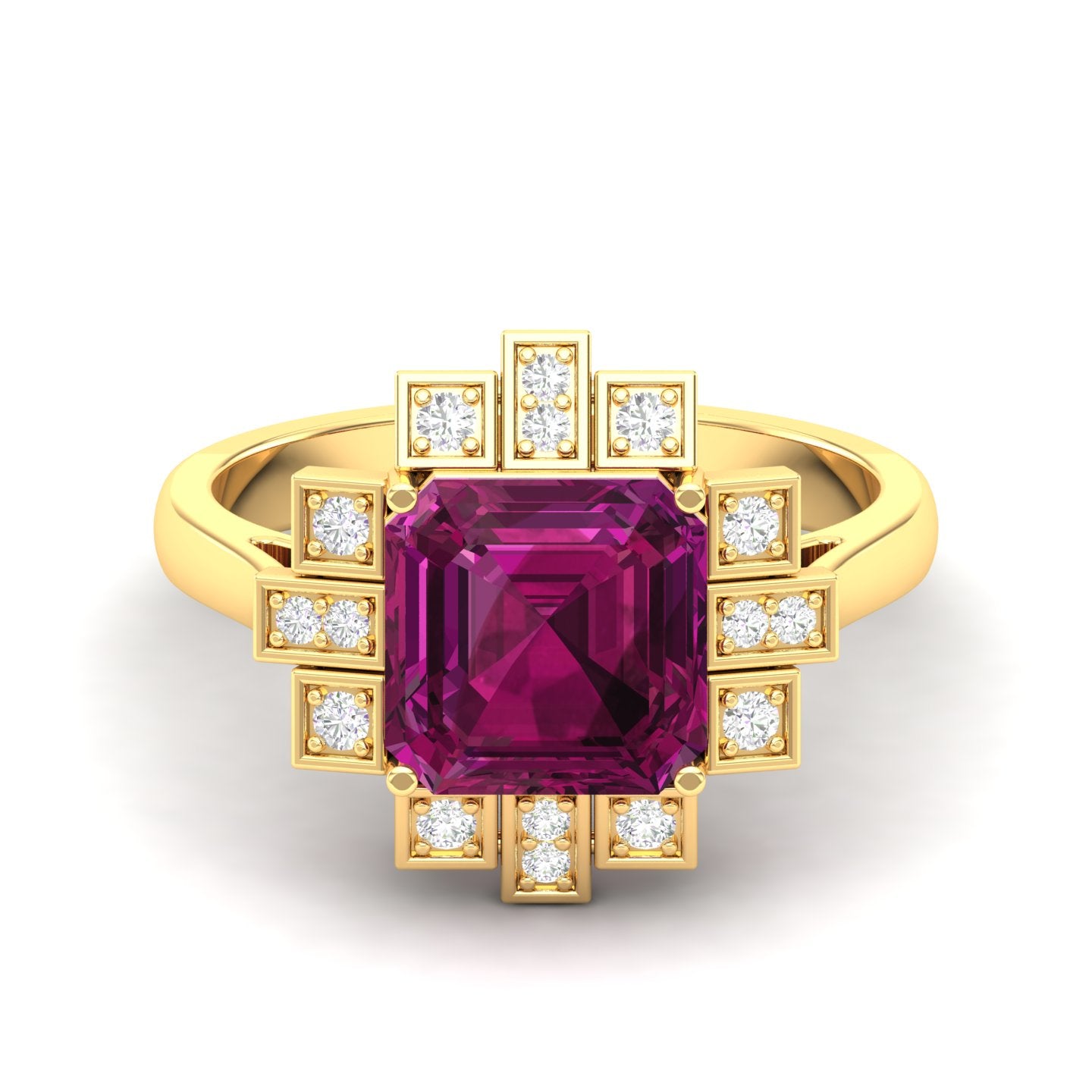 Maurya Asscher Cut Garnet Solitaire Firecracker Engagement Ring with Diamonds
