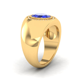 Maurya Solitaire Oval Tanzanite Signet Engagement Bold Ring with Diamond Halo