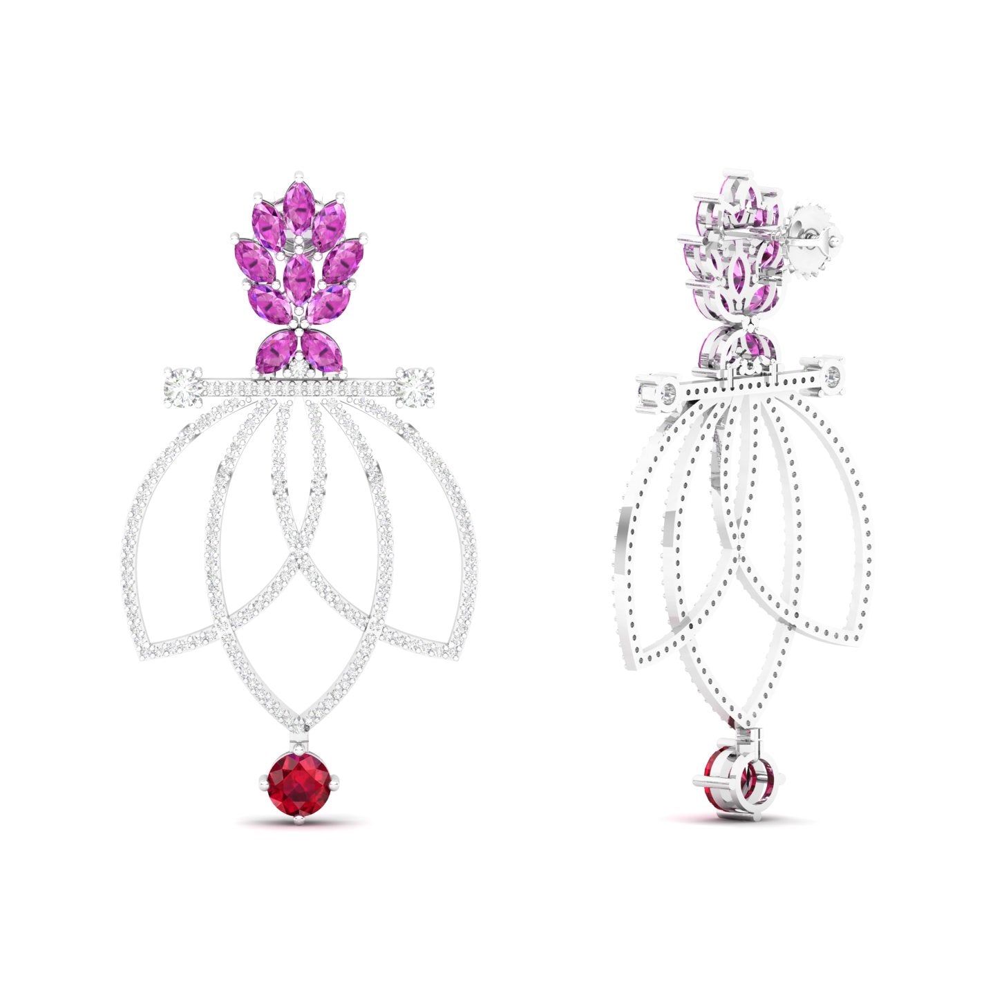 Maurya Lois Ruby and Pink Amethyst Chandelier Dangle Earrings with Diamond