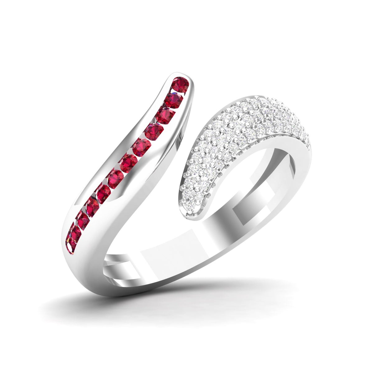 Maurya Ornate Channel-Set Ruby Bypass Ring with Pave-Set Diamonds
