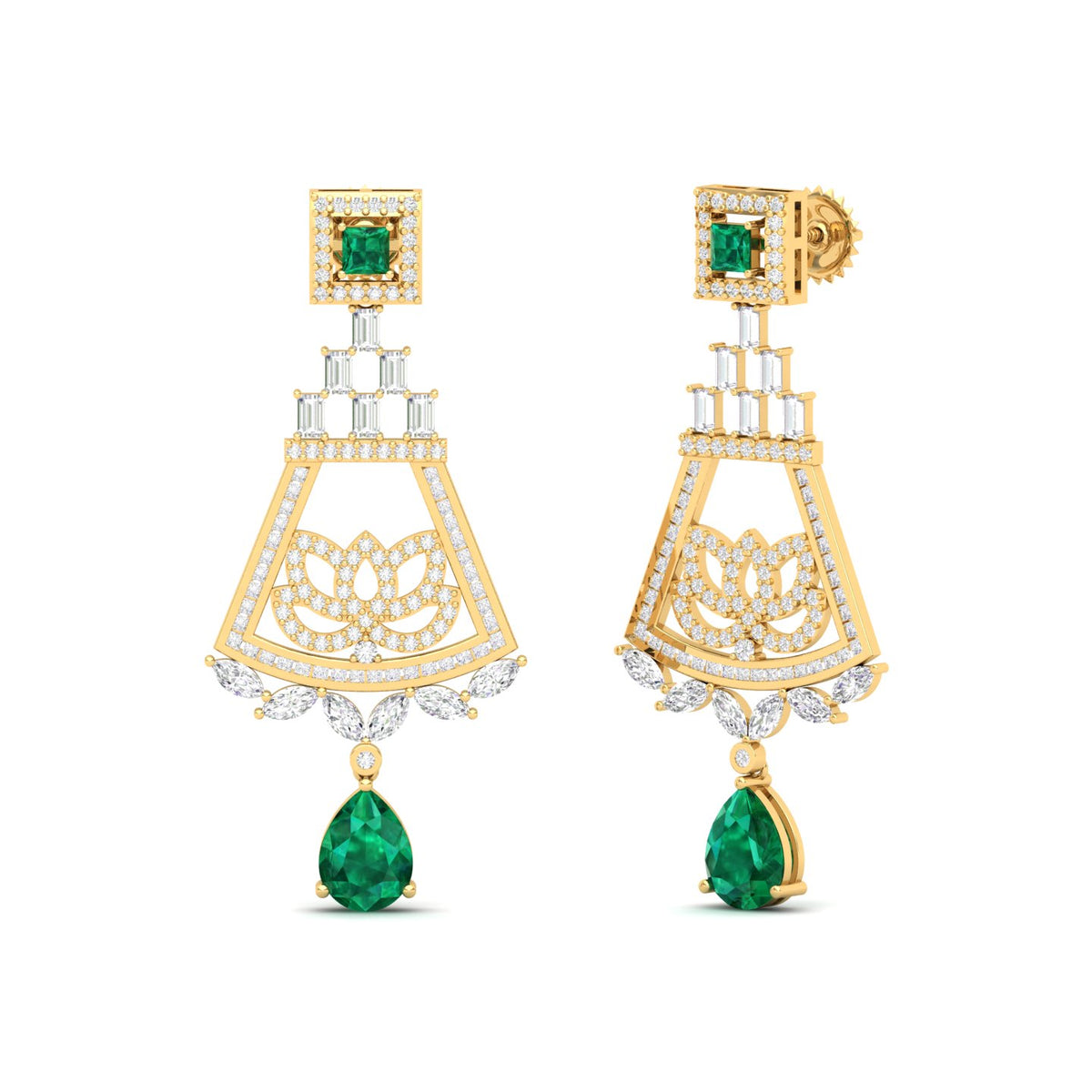 Maurya Trug Drop Earrings with Emeralds and Fancy Cut Diamonds
