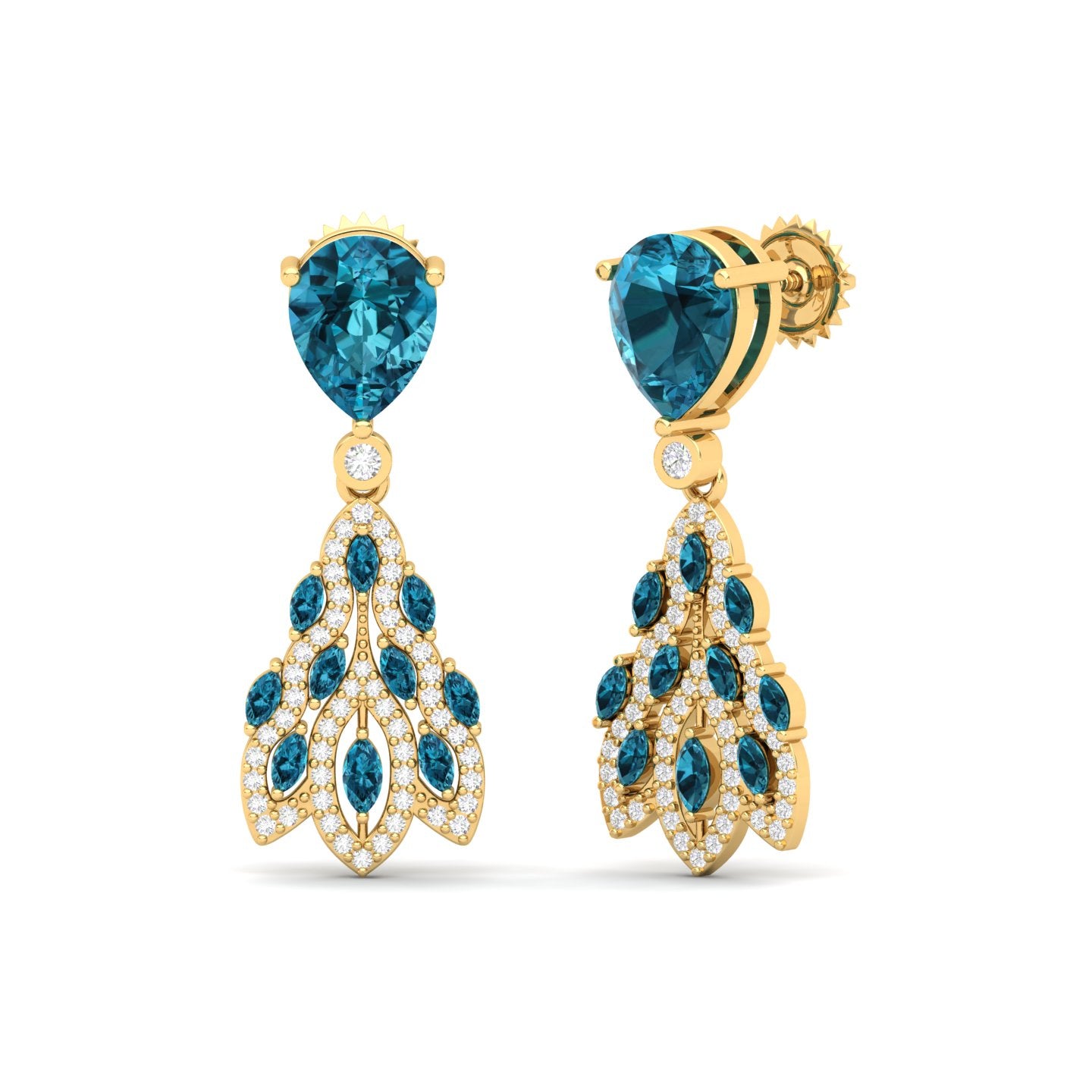 Maurya London Blue Topaz Peacock Fur Push Back Earrings with Diamonds