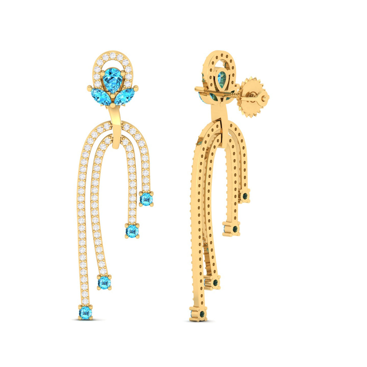 Maurya Blue Topaz Sconce Dangle Earrings with Pave Set Diamonds