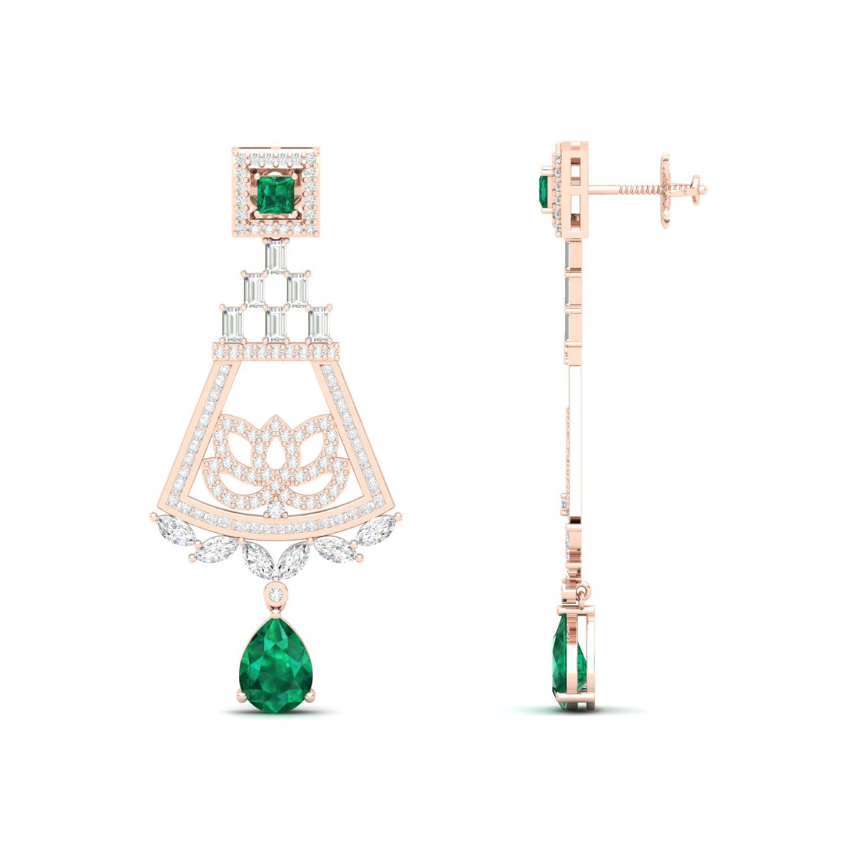 Maurya Trug Drop Earrings with Emeralds and Fancy Cut Diamonds