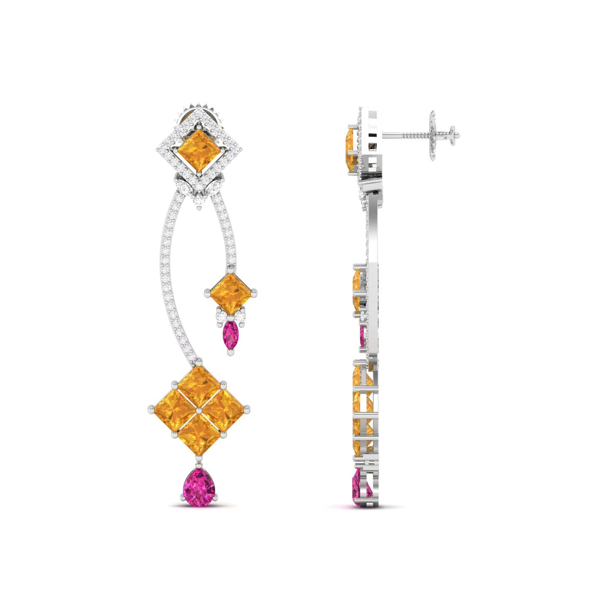 Maurya Palazzo Citrine Drop Earrings with Pink Amethyst and Diamonds