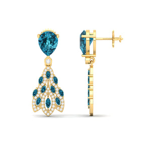 Maurya London Blue Topaz Peacock Fur Push Back Earrings with Diamonds