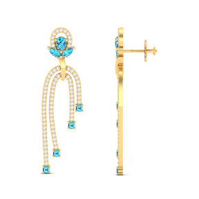 Maurya Blue Topaz Sconce Dangle Earrings with Pave Set Diamonds