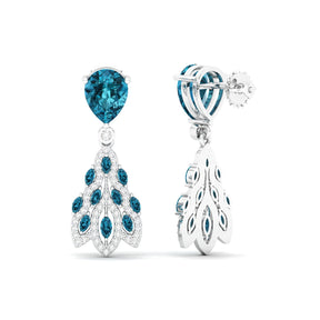 Maurya London Blue Topaz Peacock Fur Push Back Earrings with Diamonds