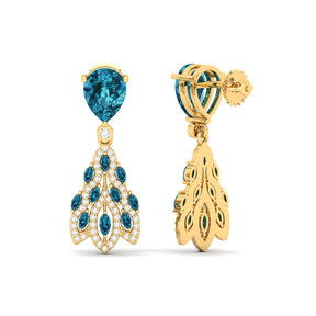 Maurya London Blue Topaz Peacock Fur Push Back Earrings with Diamonds
