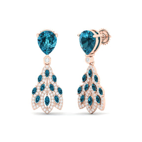 Maurya London Blue Topaz Peacock Fur Push Back Earrings with Diamonds
