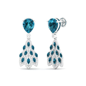 Maurya London Blue Topaz Peacock Fur Push Back Earrings with Diamonds