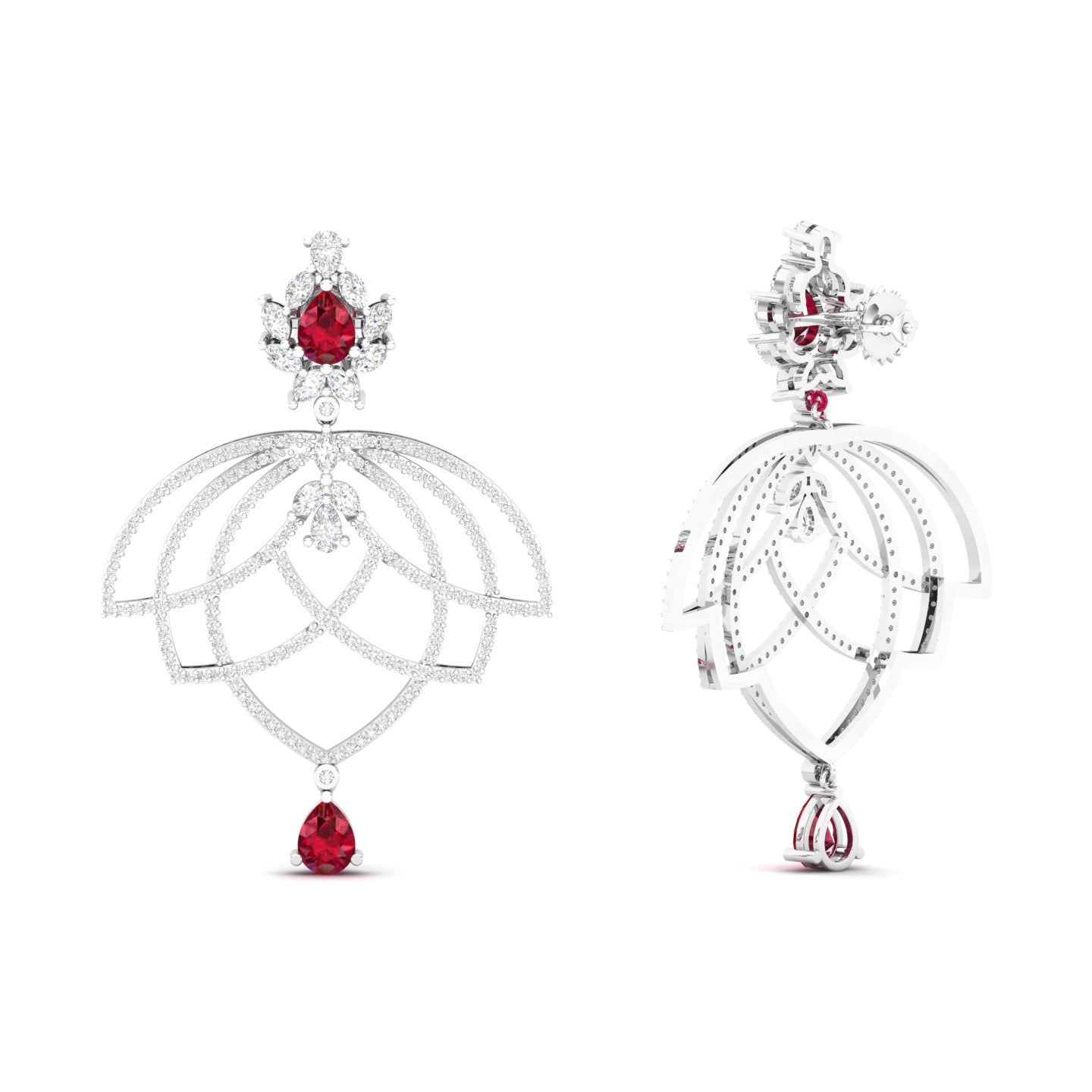Maurya Peony Ruby Chandelier Drop Earrings with Pave-Set Diamonds