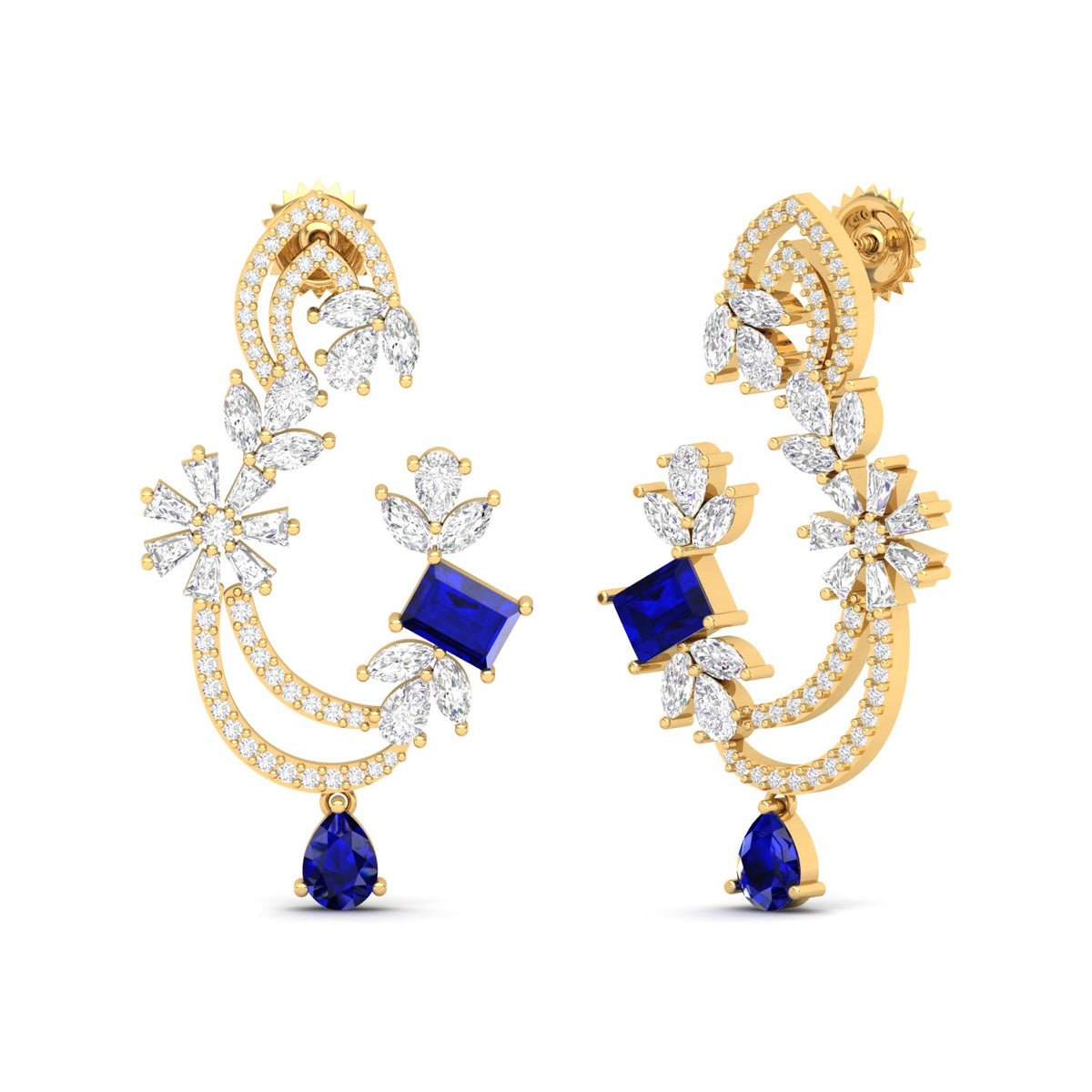 Maurya Blue Sapphire Flounce Drop Earrings with Diamonds