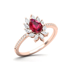 Maurya Solitaire Ruby Padma Engagement Ring with Diamond Halo
