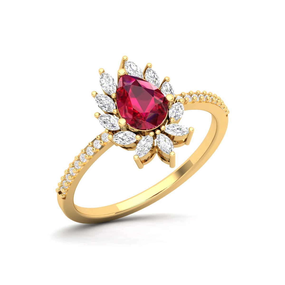 Maurya Solitaire Ruby Padma Engagement Ring with Diamond Halo