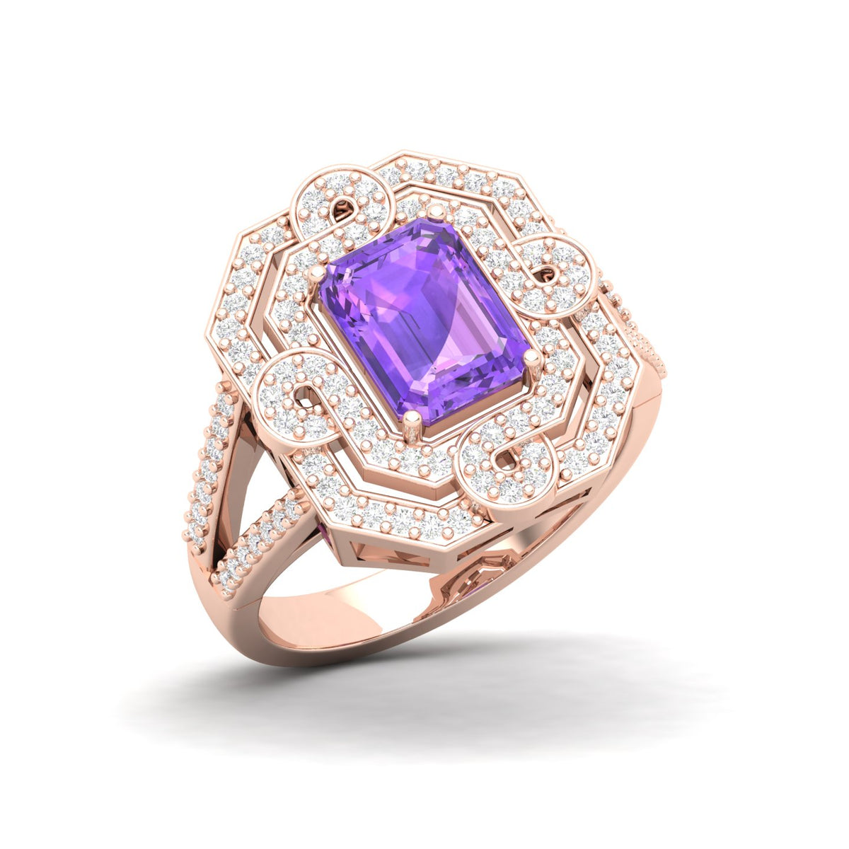 Maurya Octagon Amethyst Split Shank Sewaza Cini Cocktail Ring with Diamond Halo