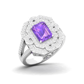 Maurya Octagon Amethyst Split Shank Sewaza Cini Cocktail Ring with Diamond Halo