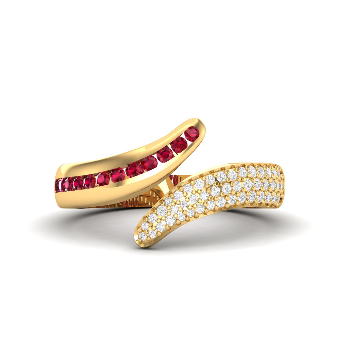 Maurya Ornate Channel-Set Ruby Bypass Ring with Pave-Set Diamonds