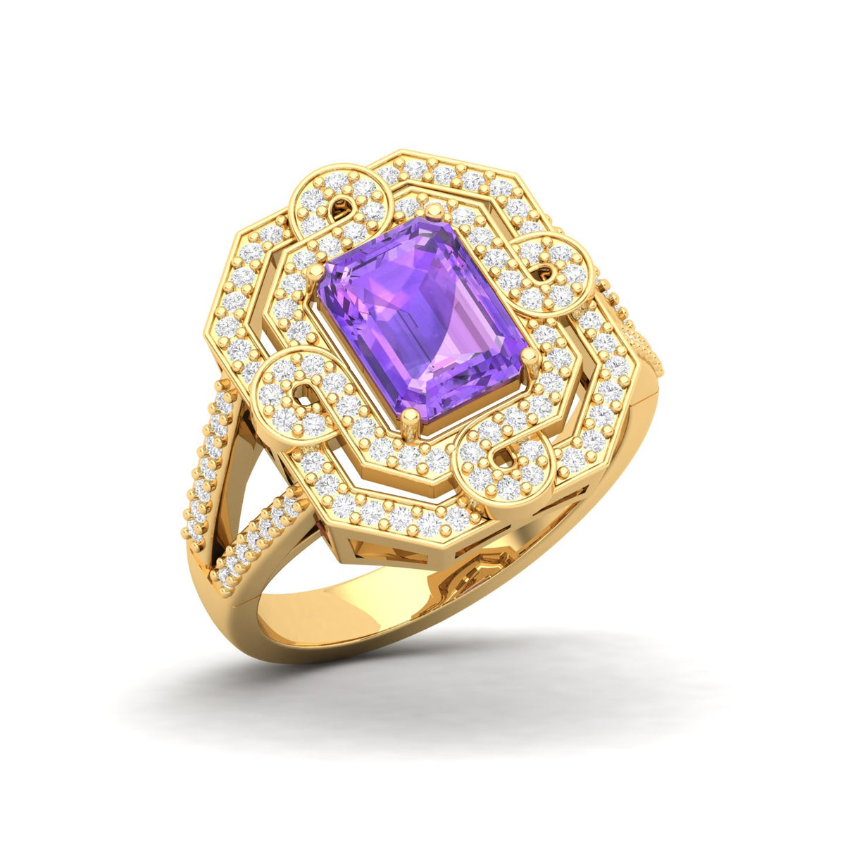 Maurya Octagon Amethyst Split Shank Sewaza Cini Cocktail Ring with Diamond Halo