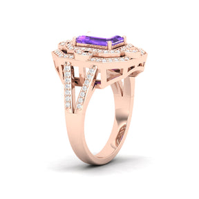 Maurya Octagon Amethyst Split Shank Sewaza Cini Cocktail Ring with Diamond Halo