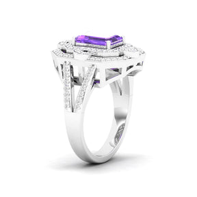 Maurya Octagon Amethyst Split Shank Sewaza Cini Cocktail Ring with Diamond Halo