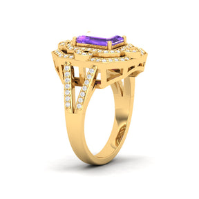 Maurya Octagon Amethyst Split Shank Sewaza Cini Cocktail Ring with Diamond Halo