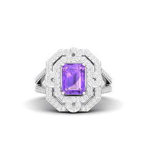 Maurya Octagon Amethyst Split Shank Sewaza Cini Cocktail Ring with Diamond Halo