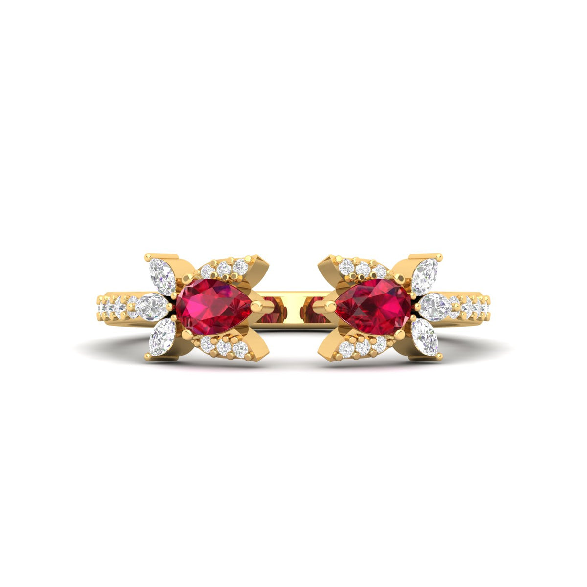Maurya Two Stone Ruby Rotasu Open Ring with Accent Diamonds