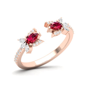 Maurya Two Stone Ruby Rotasu Open Ring with Accent Diamonds