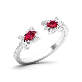 Maurya Two Stone Ruby Rotasu Open Ring with Accent Diamonds