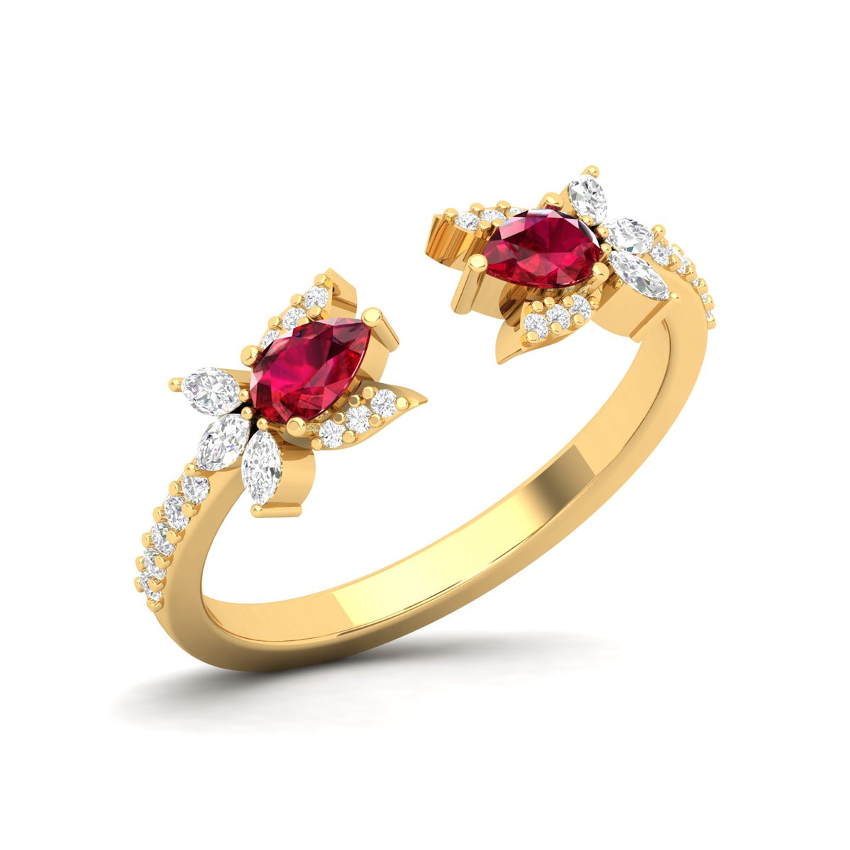 Maurya Two Stone Ruby Rotasu Open Ring with Accent Diamonds