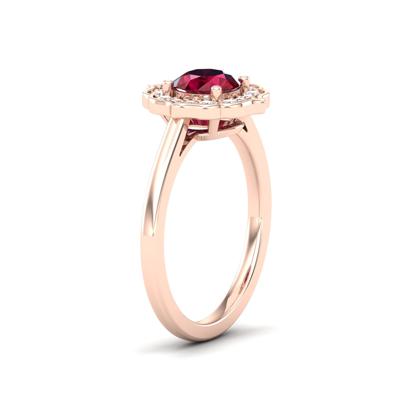 Maurya Round Ruby Hot Flower Engagement Ring with Diamond Halo