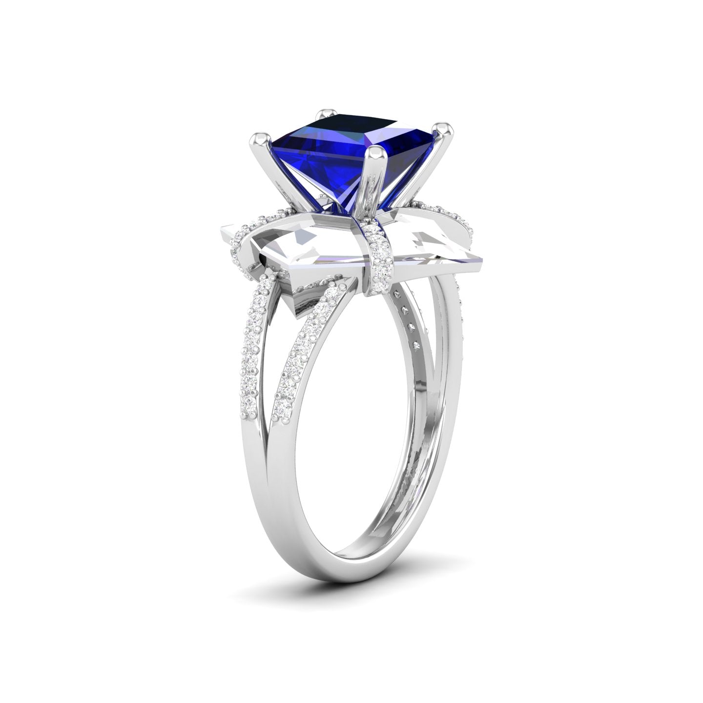 Maurya Color in Water Blue Sapphire Split Shank Engagement Ring with Diamonds