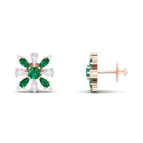 Maurya Floret Emerald and Fancy Diamond Stud Earrings