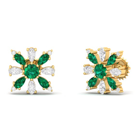 Maurya Floret Emerald and Fancy Diamond Stud Earrings