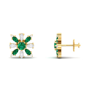 Maurya Floret Emerald and Fancy Diamond Stud Earrings