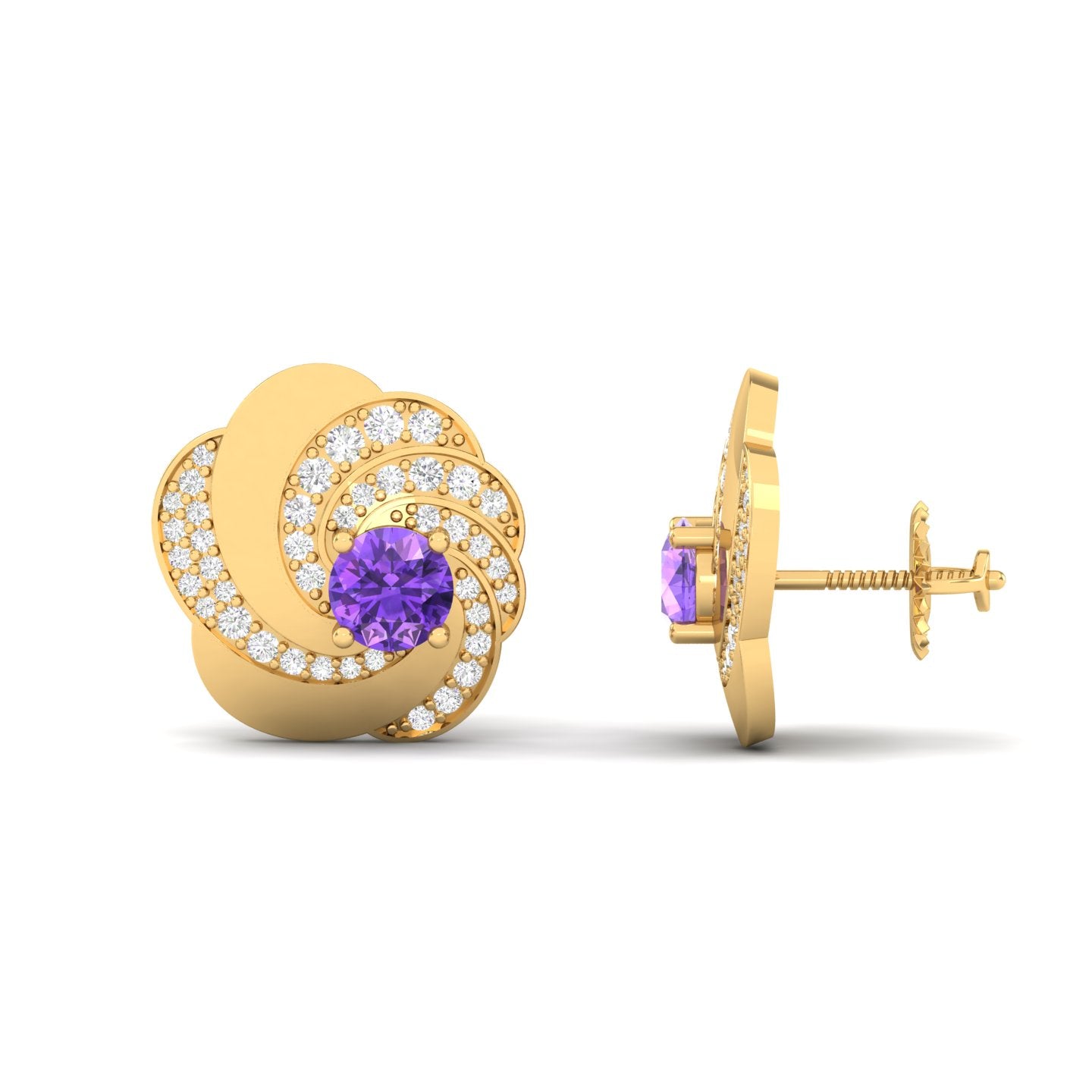 Maurya Amethyst Spiral Kentron Push Back Earrings with Diamonds