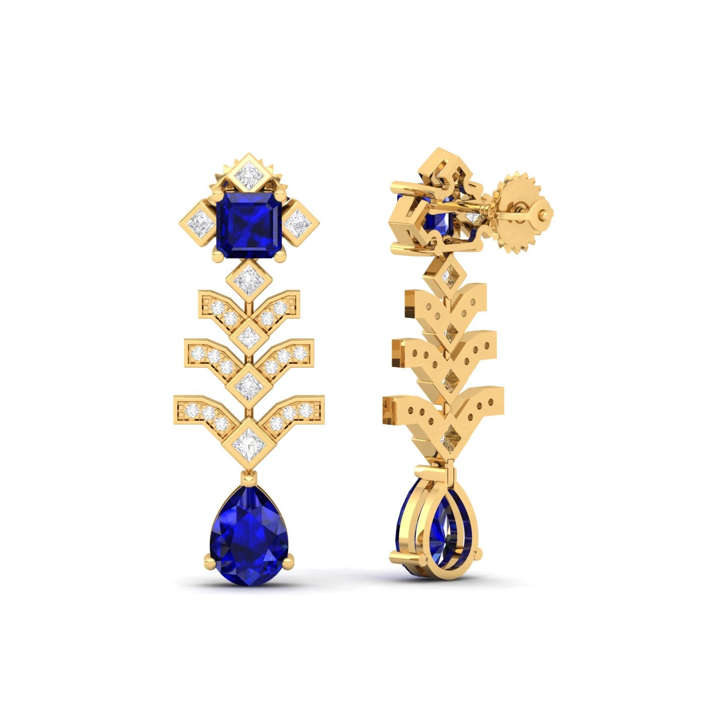 Maurya Blue Sapphire Elevation Drop Earrings with Diamonds