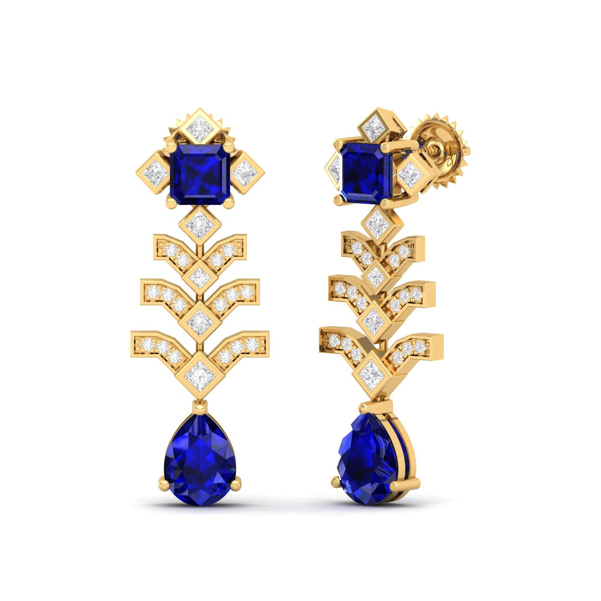 Maurya Blue Sapphire Elevation Drop Earrings with Diamonds