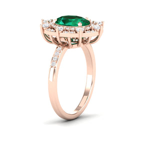 Maurya Oval Emerald Strain Tribe Engagement Ring with Diamond Halo