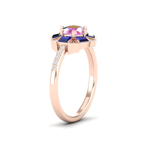 Maurya Spiritual Center Pink Amethyst Halo Engagement Ring with Diamond and Sapphire