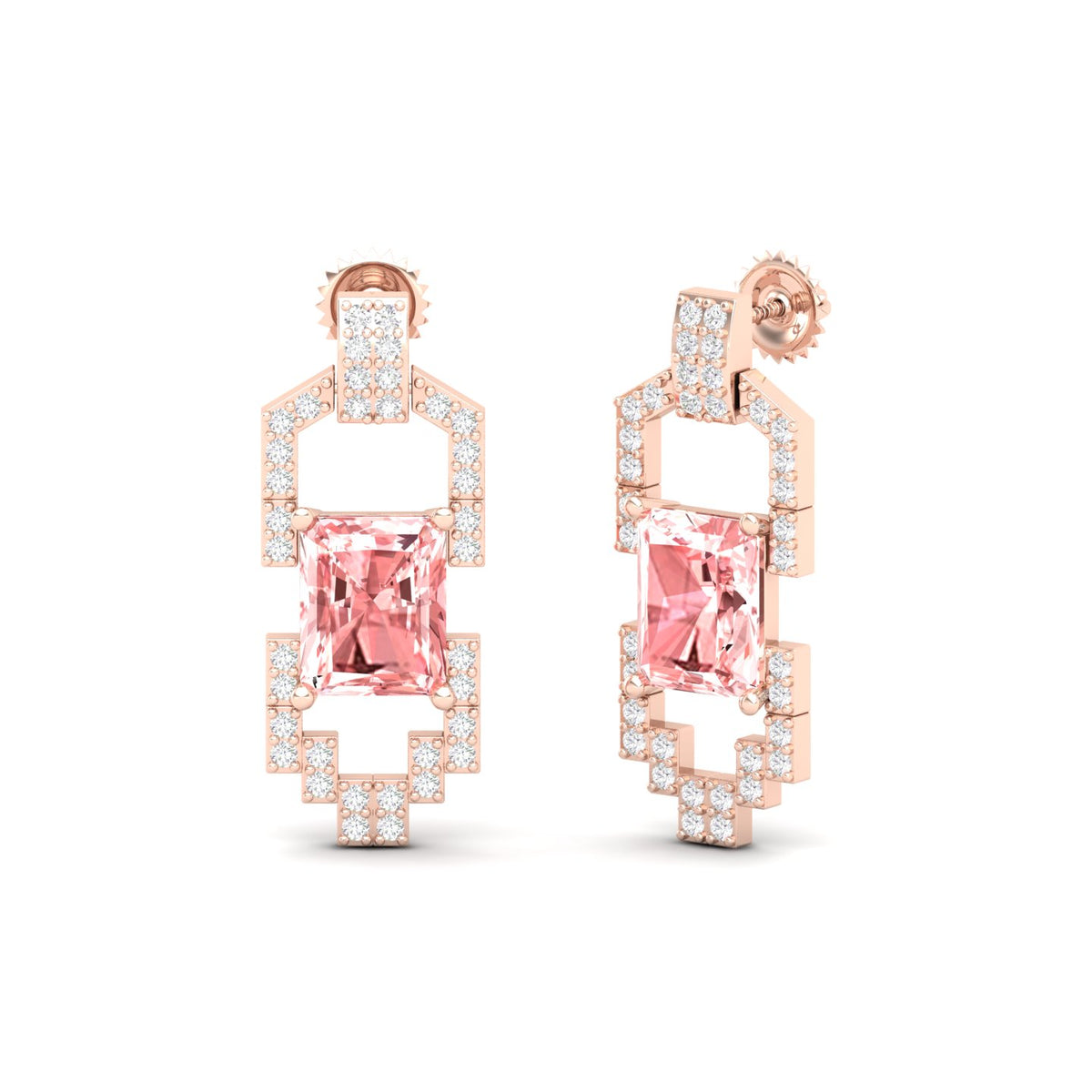 Maurya Morganite Art Deco Push Back Earrings with Diamonds